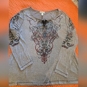 Dress Barn Gray/Light Brown and Blue Patterned Long Sleeve Top Size 2X